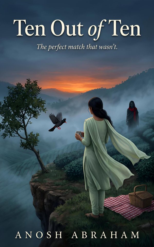 Cover of Ten Out of Ten by Anosh Abraham: a young woman in a pale green churidar holding a cup of tea on a misty Munnar cliff at sunset, with a black bird in flight